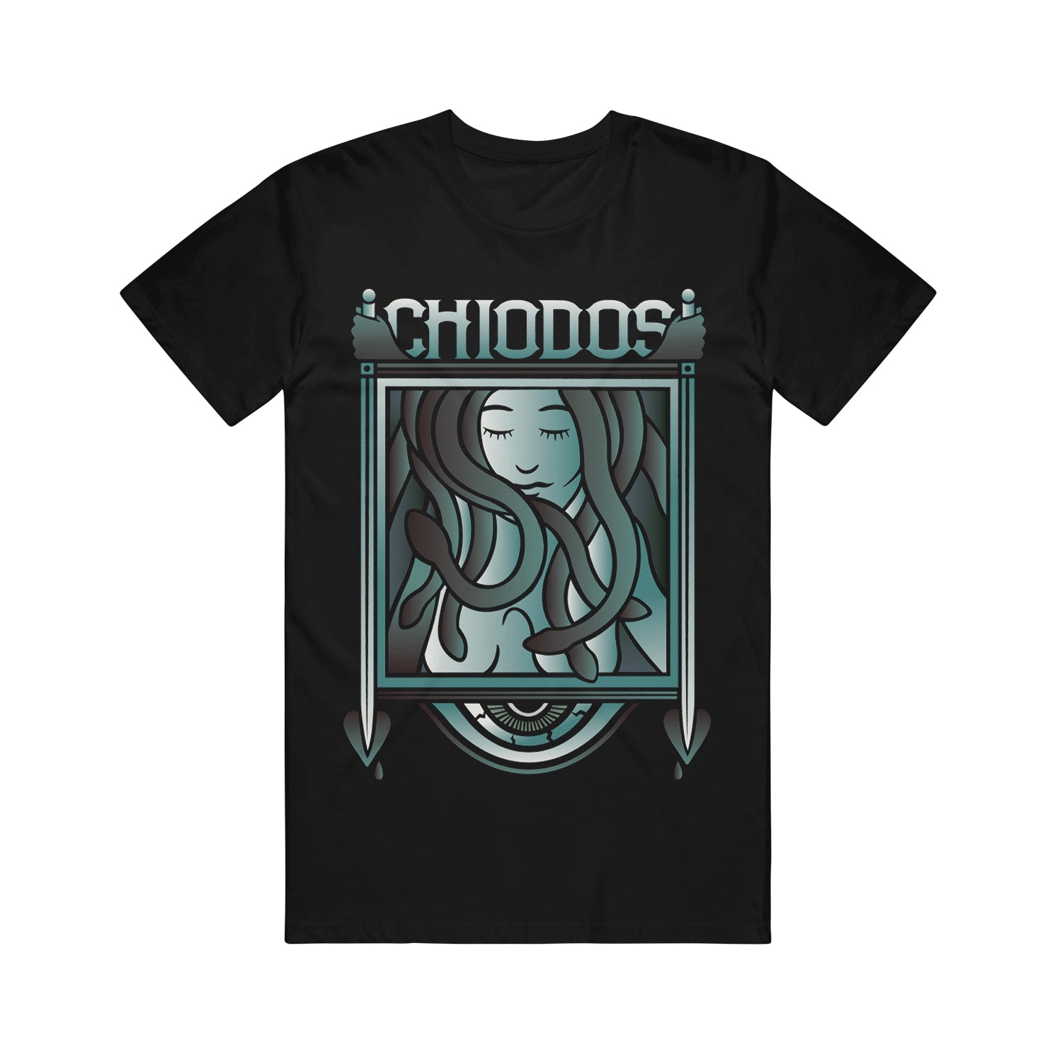 image of a black tee shirt on a white background. tee has full body print of medusa's head in a rectangle. at the top says chiodos