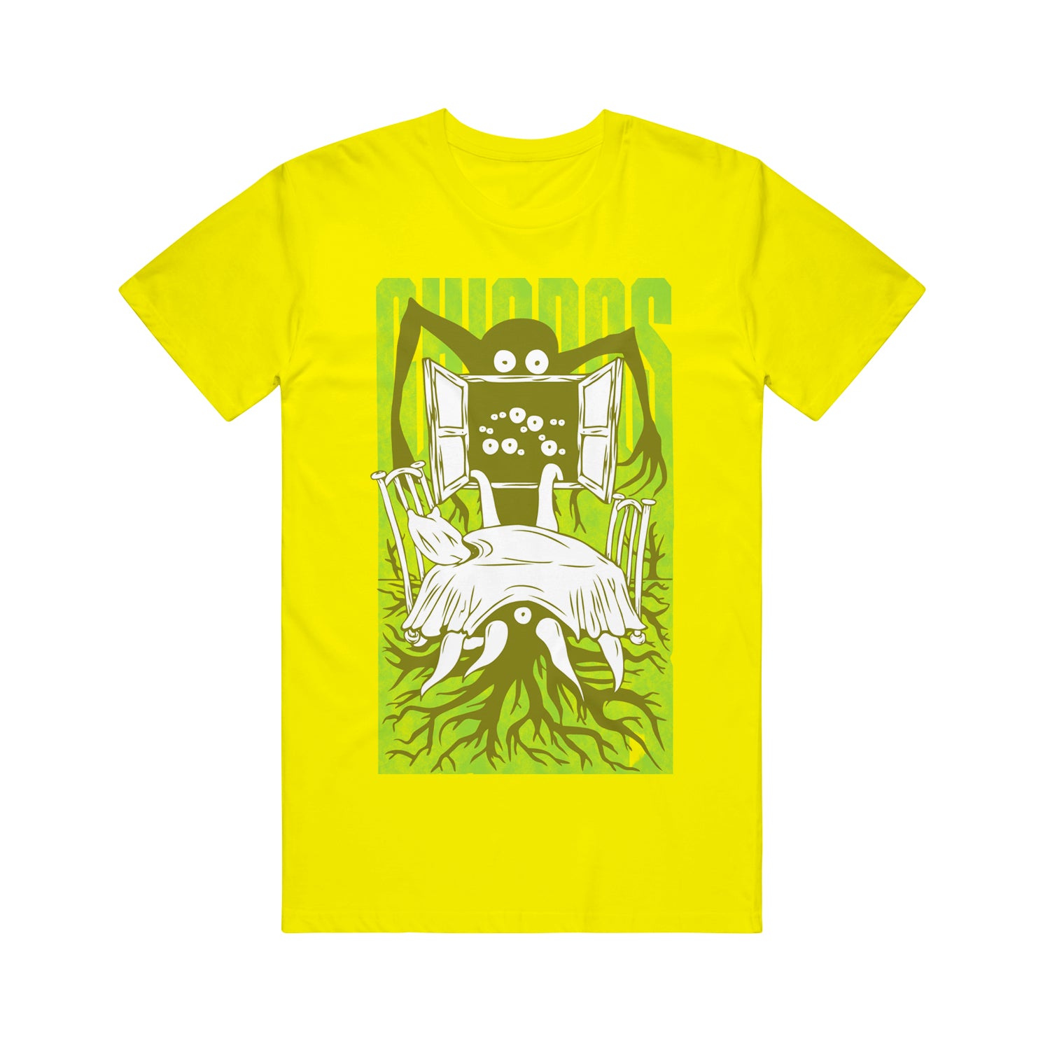 image of a yellow tee shirt on a white background. tee has full body print of tree monster looking though a window at a kitchen table,. in green behind the monster says chiodos